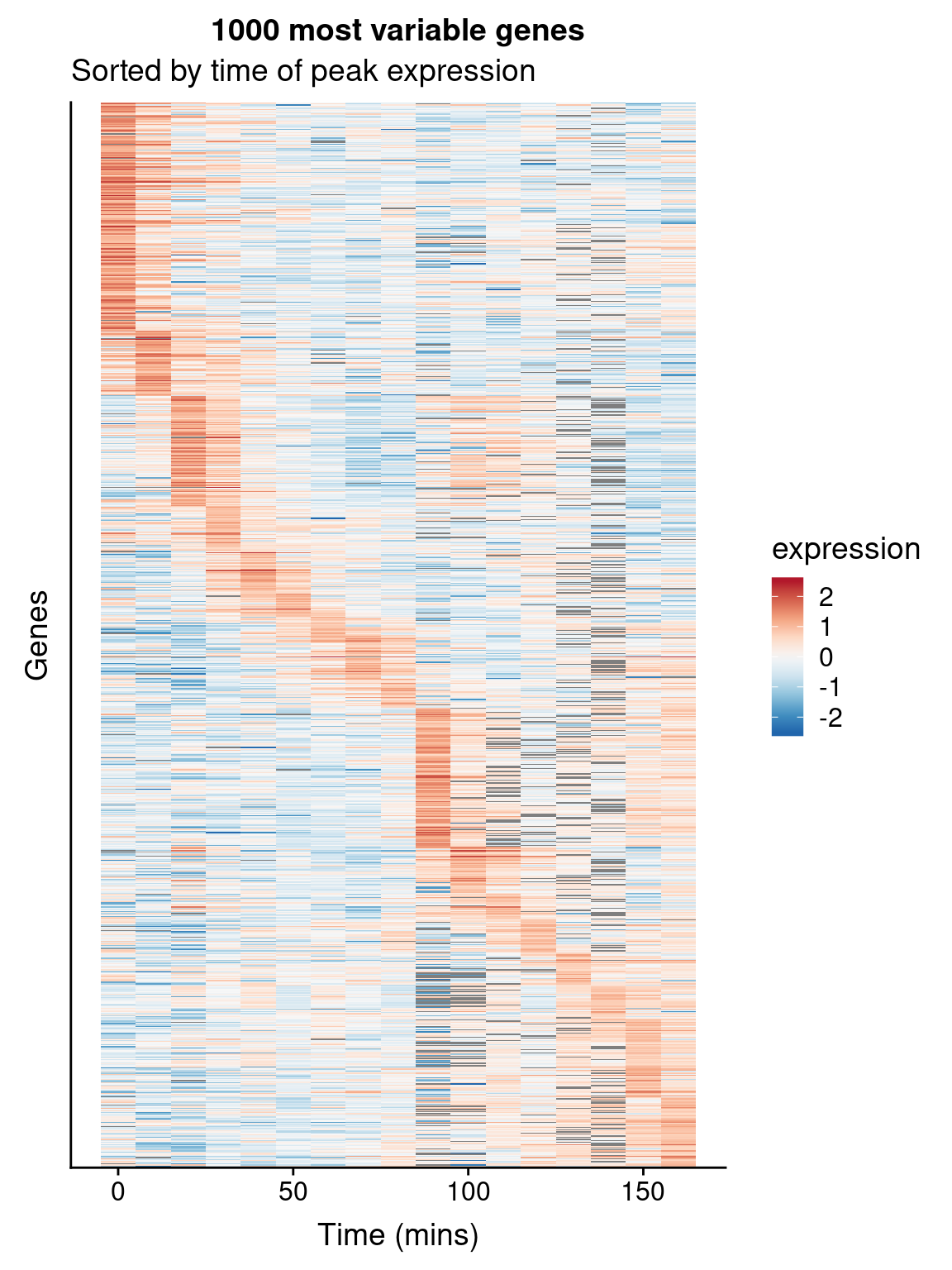 A Heatmap showing genes in the cdc28 experiment, sorted by peak expression